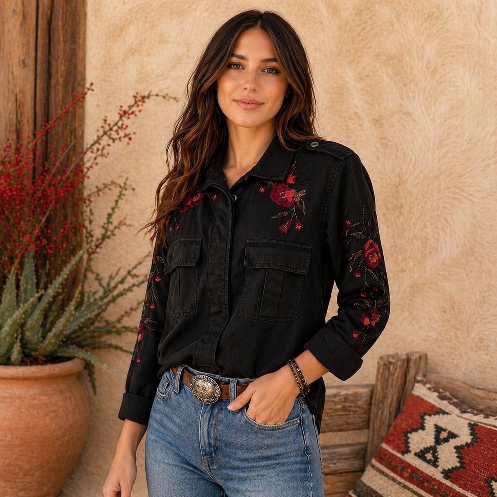 Rails Women's Elliot Floral Embroidered Utility Shirt Jacket Black Small Boho - Picture 1 of 7